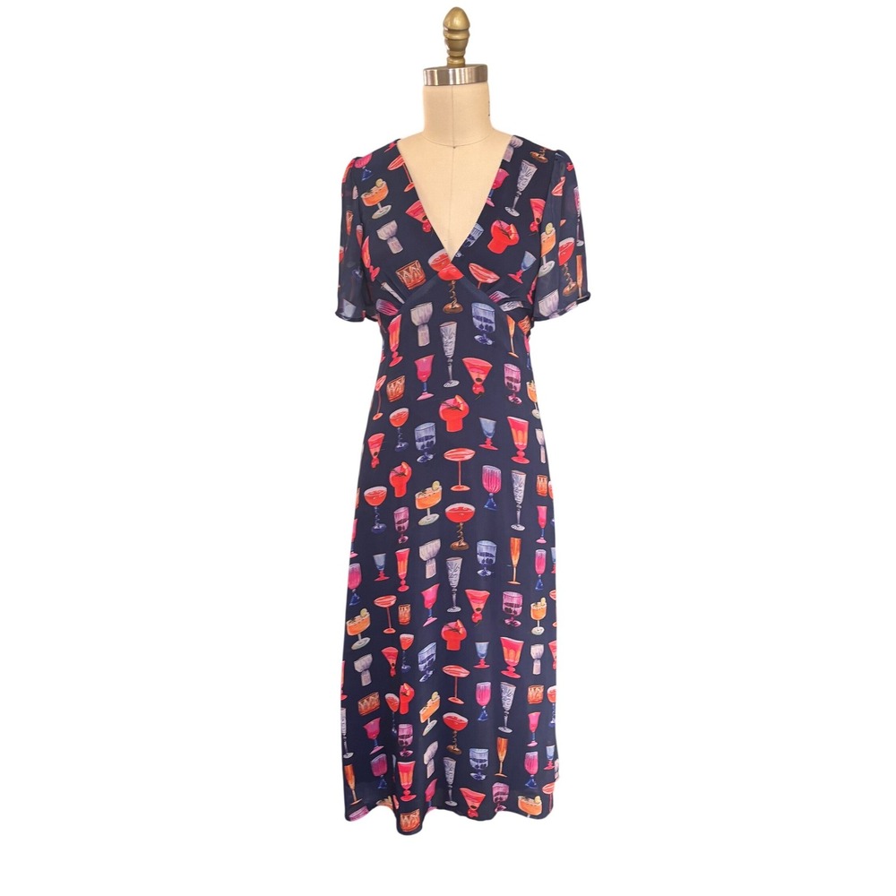 Cocktail Novelty Print Tiki Lisa Says Gah Grace Dress Midi Flutter Sleeve S Navy - Picture 8 of 10